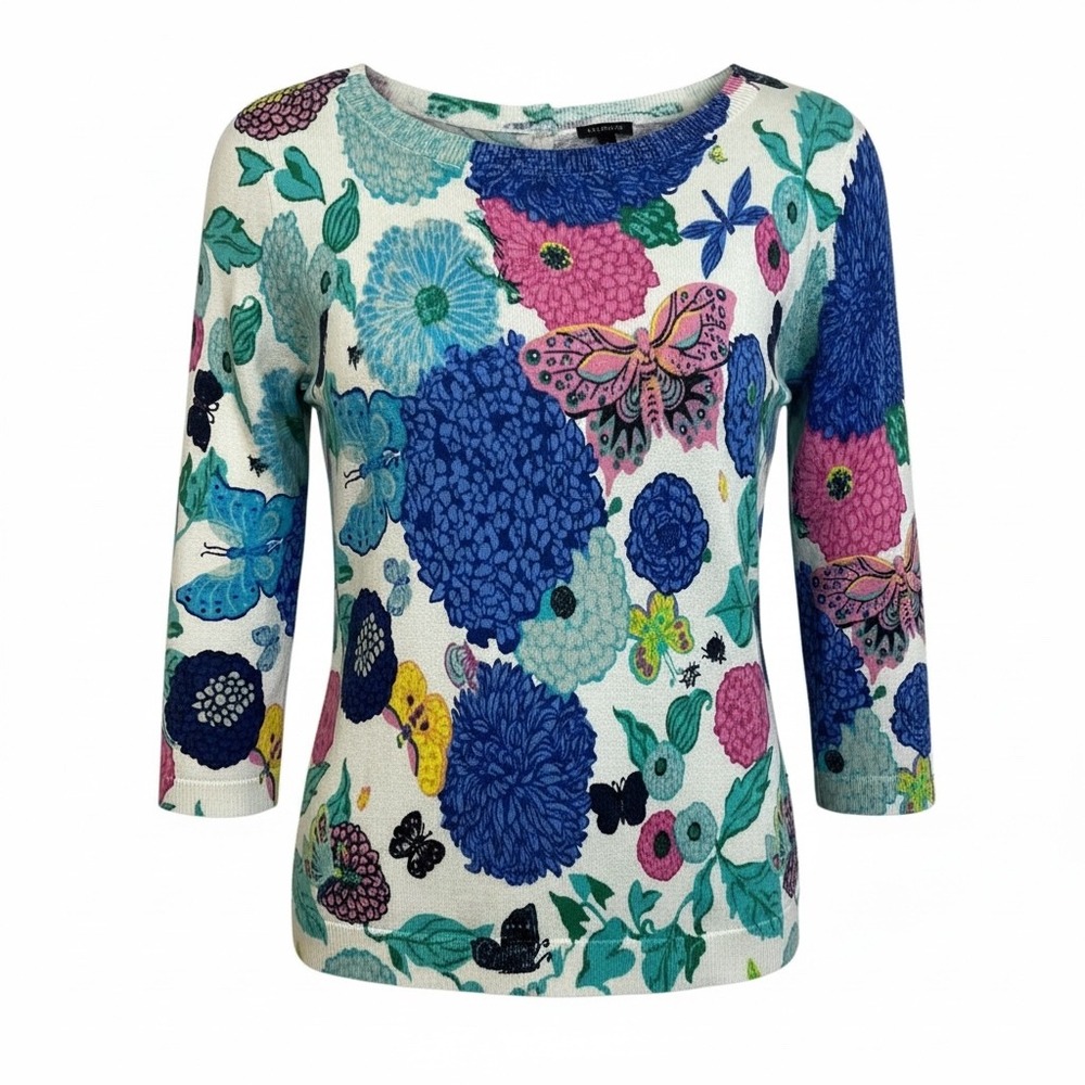 Talbots Sweater Floral Butterfly Print Boat‎ Neck 3/4 Sleeve S Grandmacore Boho